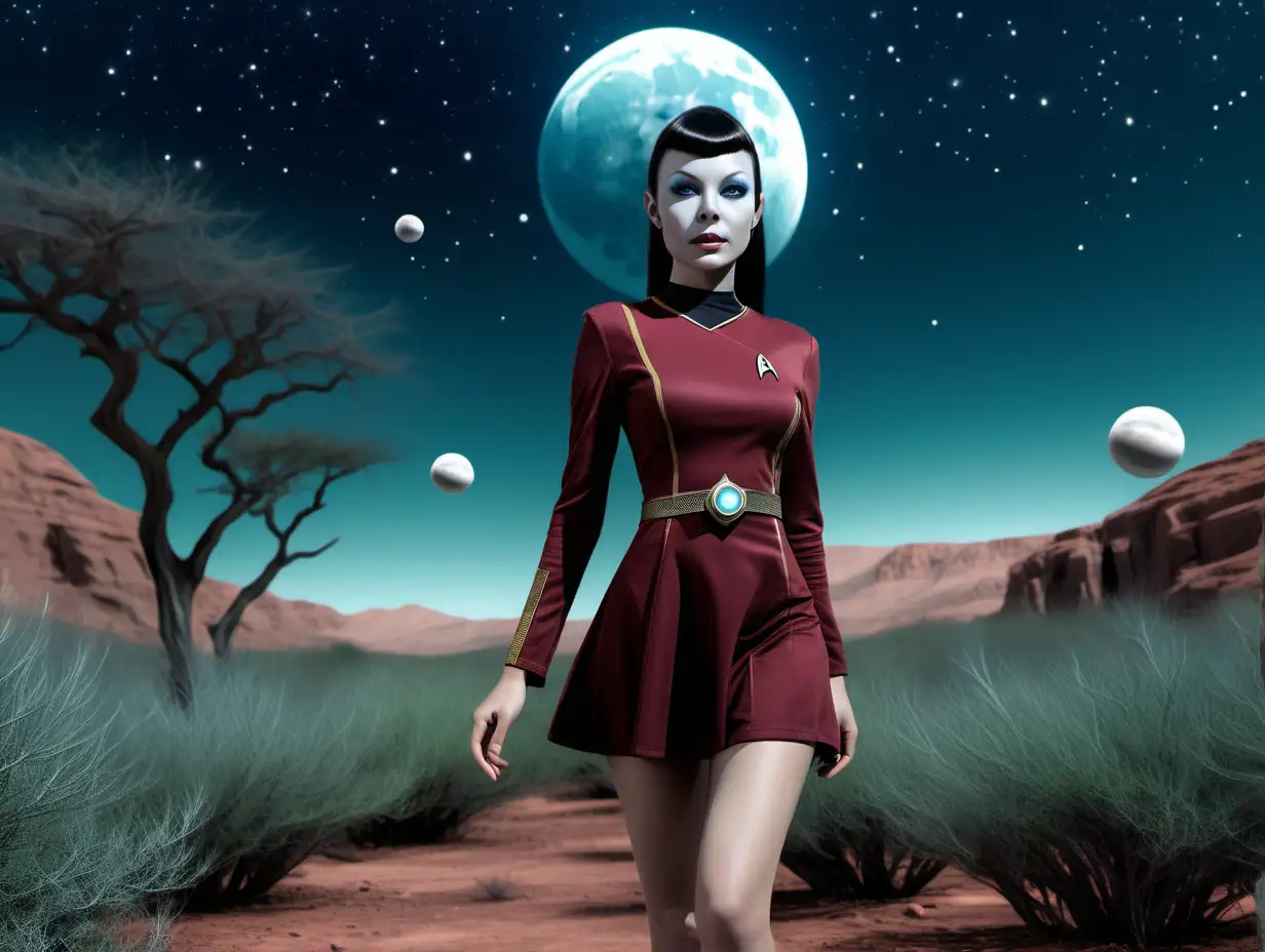 STAR TREK GIRL, with white skin, on a foreign planet with extraordinary vegetation under a sky with two moons, in a mini dress, goes to meet the viewer rejoicing in meeting.