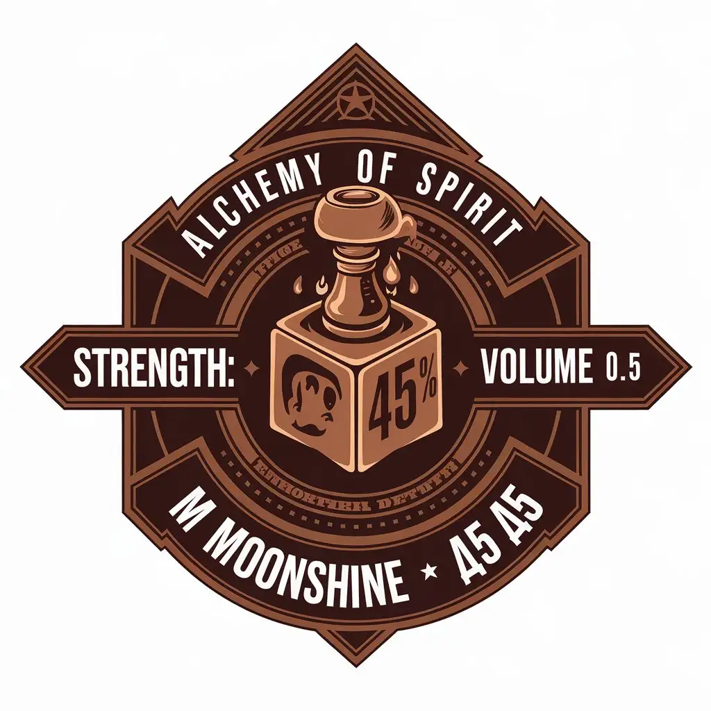 a vector logo design,with the text "Alchemy of spirit Strength: 45% Volume: 0.5", main symbol:Label for moonshine. Distillation copper cube. Soviet style,complex,be used in Retail industry,clear background