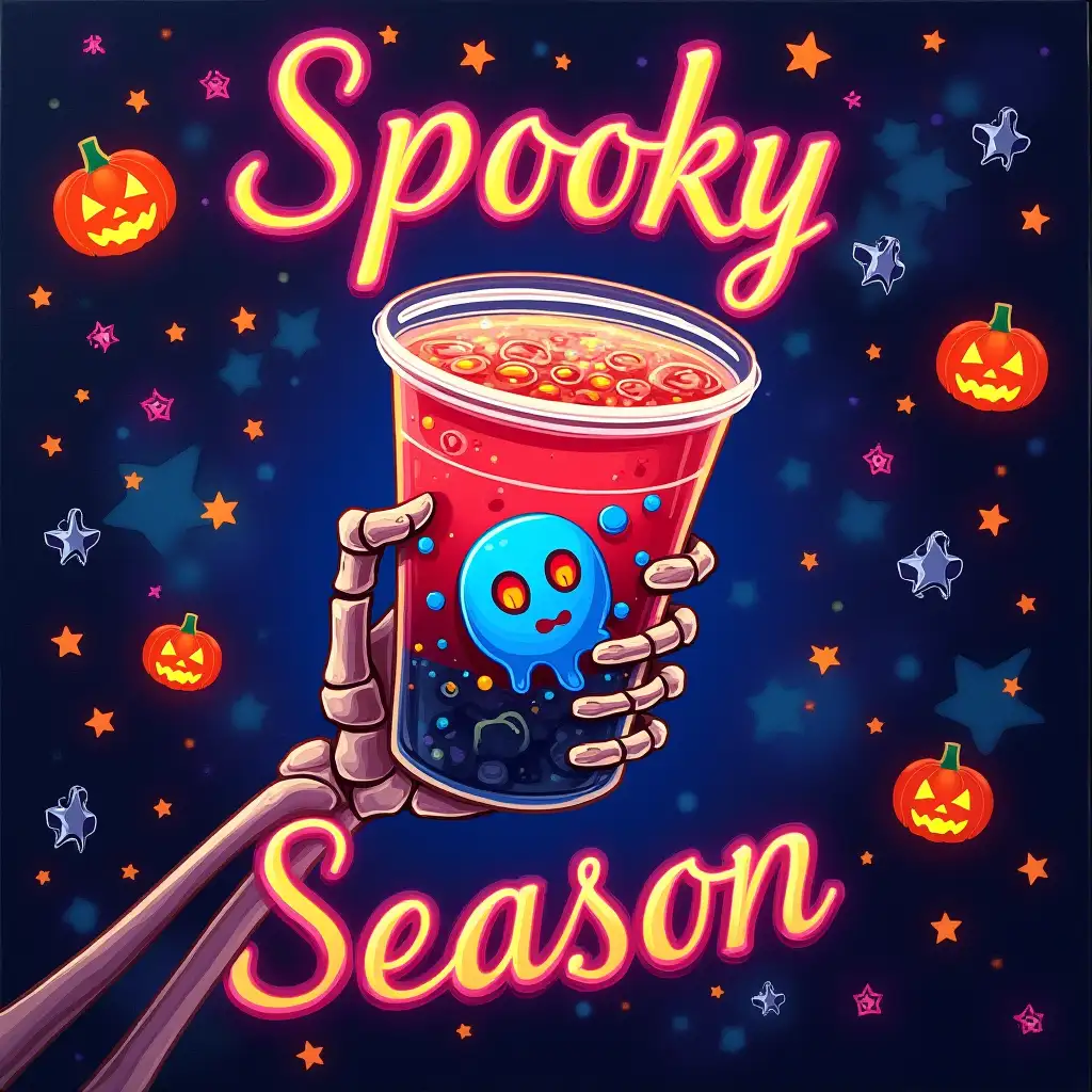 Oil painting ART. Create a vibrant, Halloween-themed image of a skeletal hand holding a bubble tea drink. The background should be filled with stars, galaxies, and floating pumpkins. The drink should have a colorful, spooky design, perhaps with a skeleton face or ghost-shaped bubbles. The text 'Spooky Season' should be written boldly neon, in a festive font.