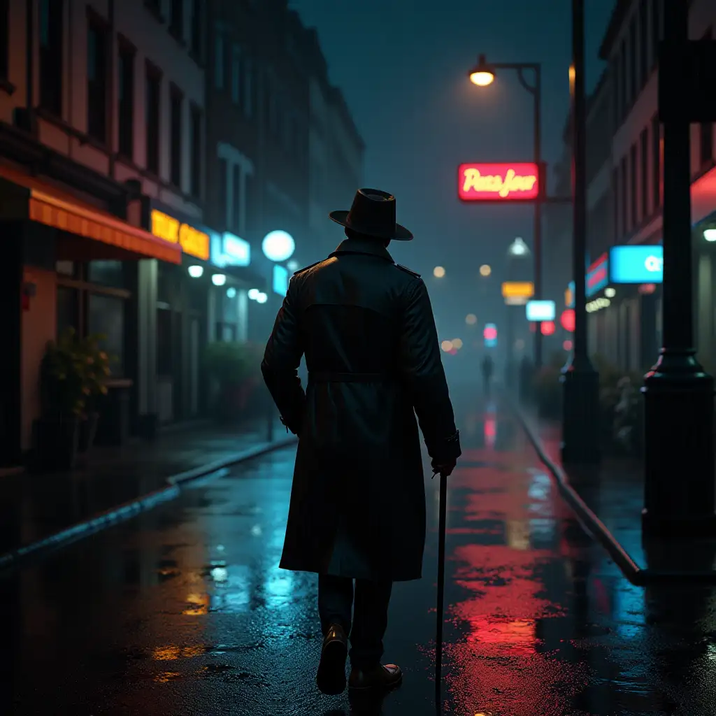 Rainy-Night-Street-Scene-with-Man-in-Trench-Coat-and-Neon-Reflections