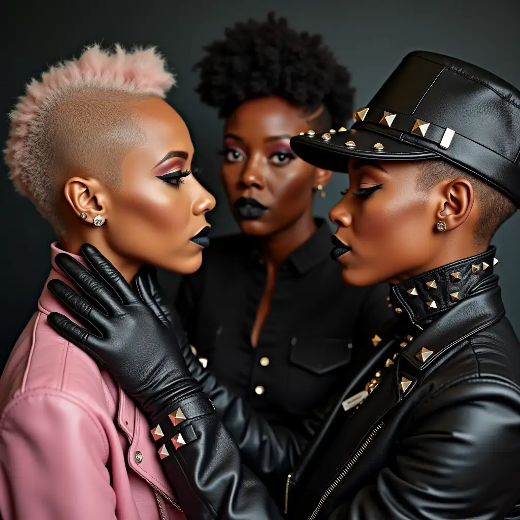 Three-Black-Women-Applying-Makeup-to-Cynthia-Erivo-in-Edgy-Leather-Fashion