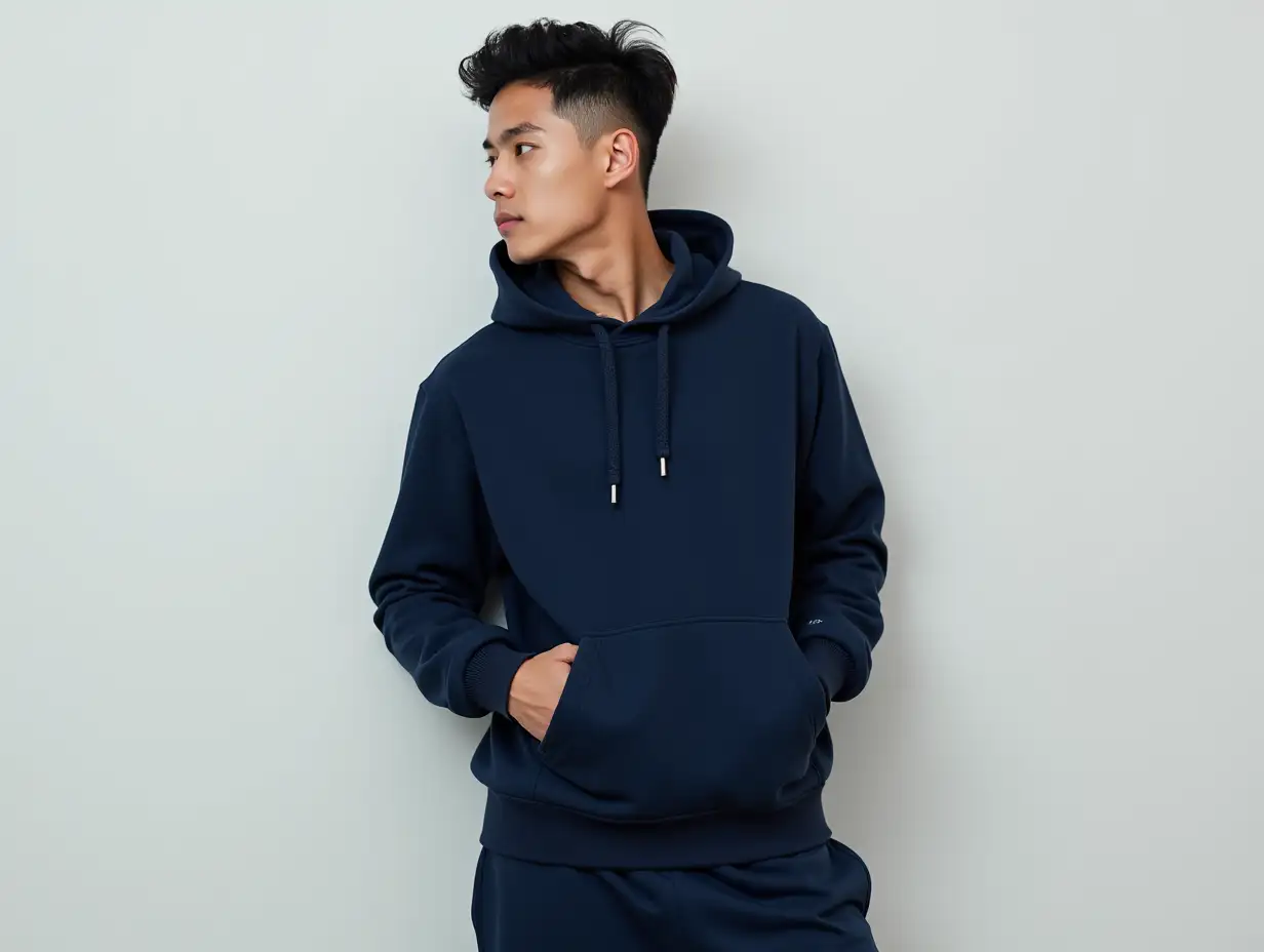 a young asian model man wearing a navy hoodie and navy sweatpants