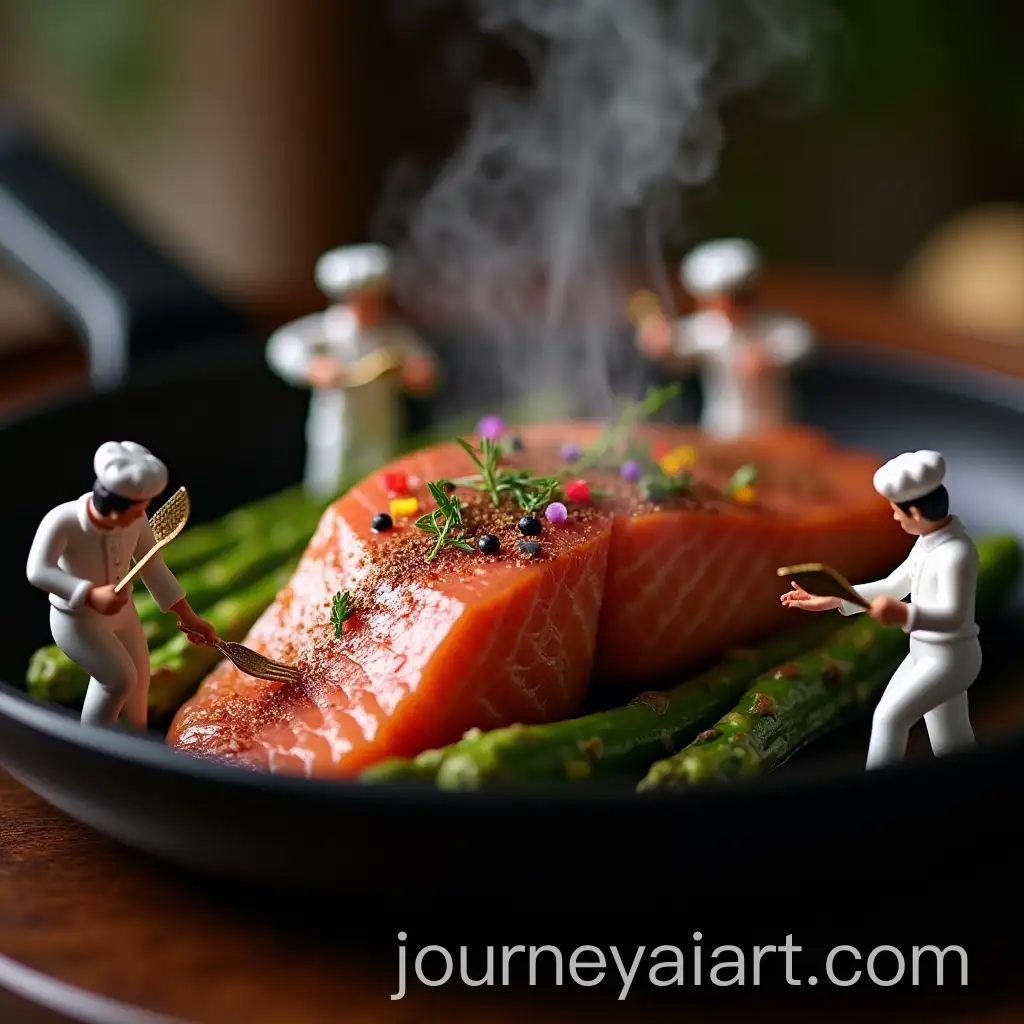 Closeup-of-Wagyu-Steak-in-Black-Skillet-with-Miniature-Chefs-and-Asparagus