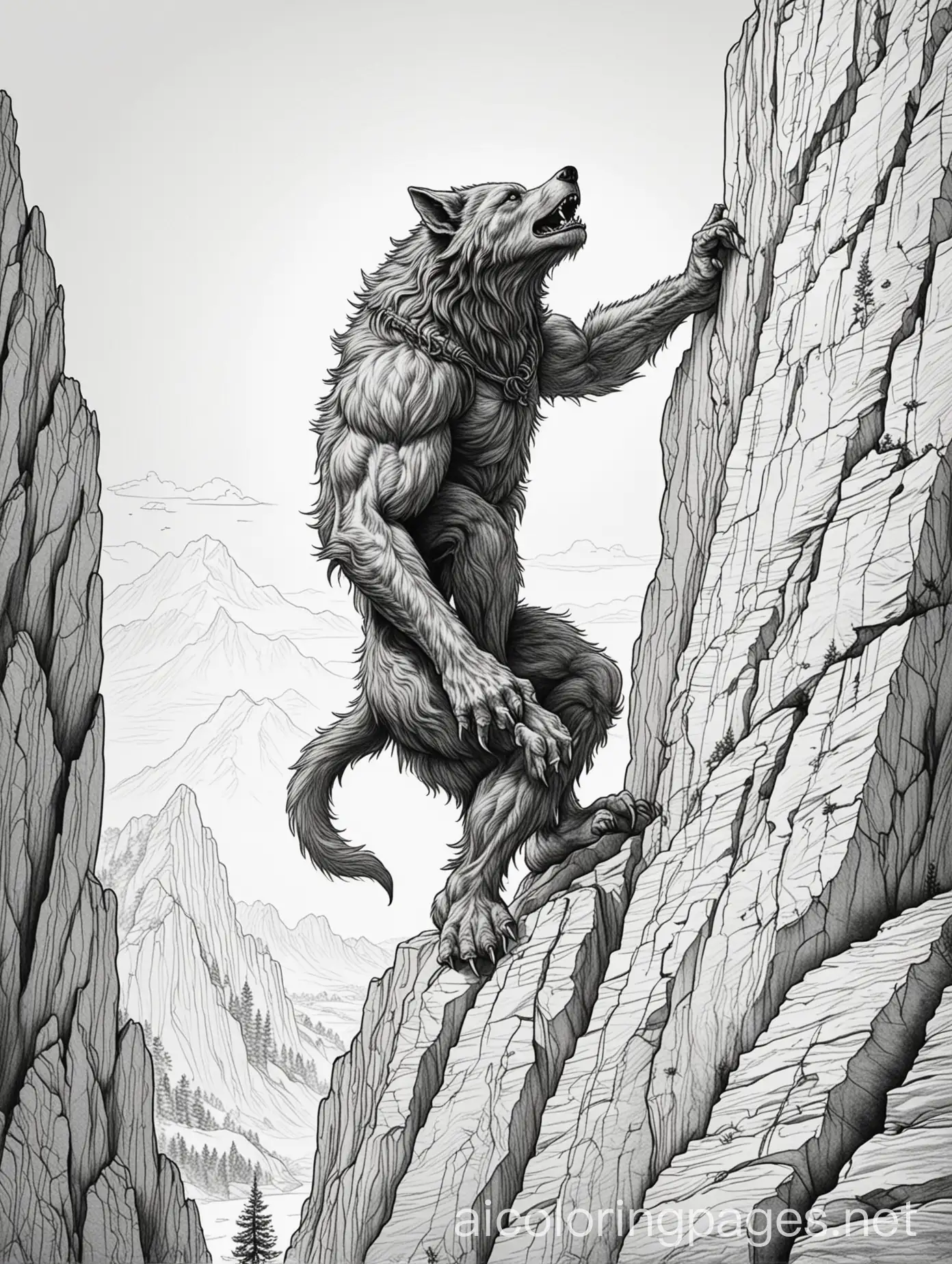 Werewolf climbing up a cliff, Coloring Page, black and white, line art, white background, Simplicity, Ample White Space. The background of the coloring page is plain white to make it easy for young children to color within the lines. The outlines of all the subjects are easy to distinguish, making it simple for kids to color without too much difficulty