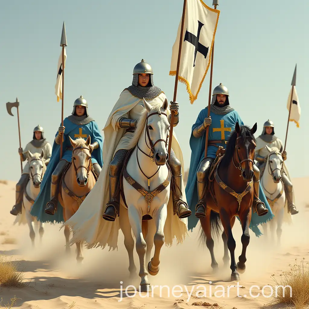 Female-Teutonic-Knight-with-Spear-and-Crusaders-Riding-Through-Desert