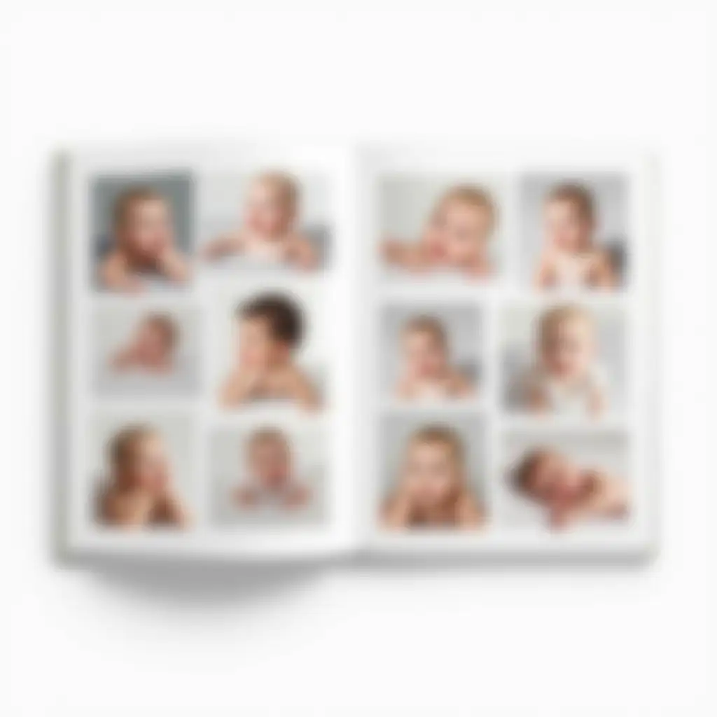 Create a photo album with multiple grids of baby and child photos White background