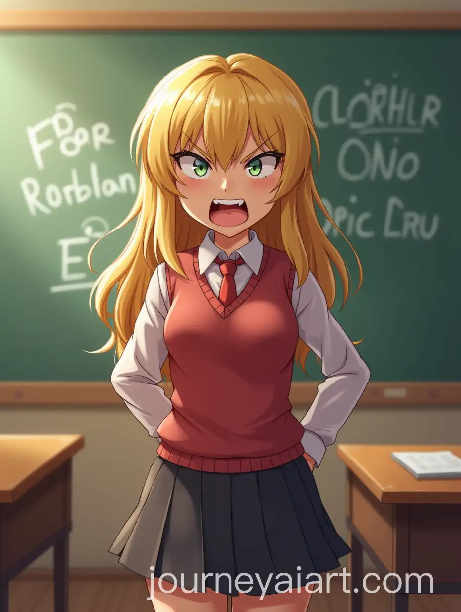 Angry-and-Embarrassed-Schoolgirl-in-Classroom-with-Gritting-Teeth