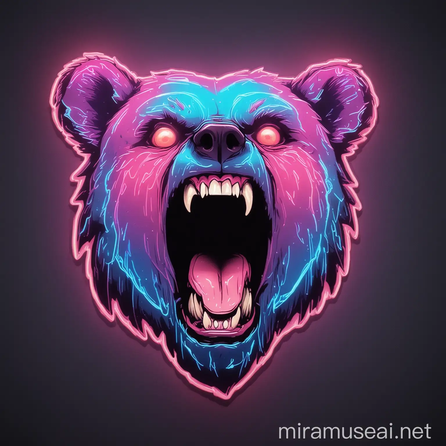 Neon Holographic Screaming Bear Outline with Fangs and Tongue