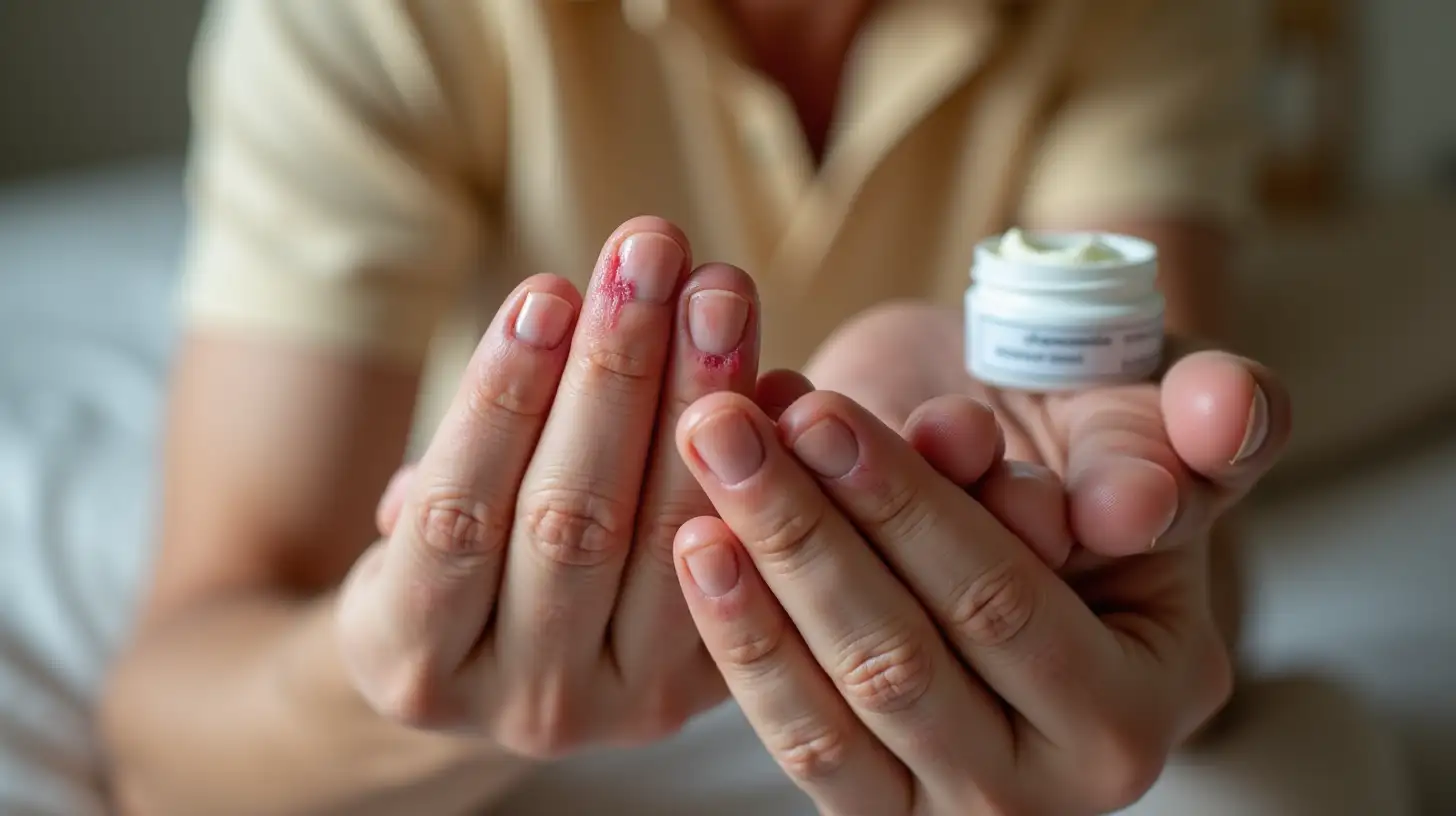 Closeup of Cracked and Dry Mans Hand Applying Chamomile Cream