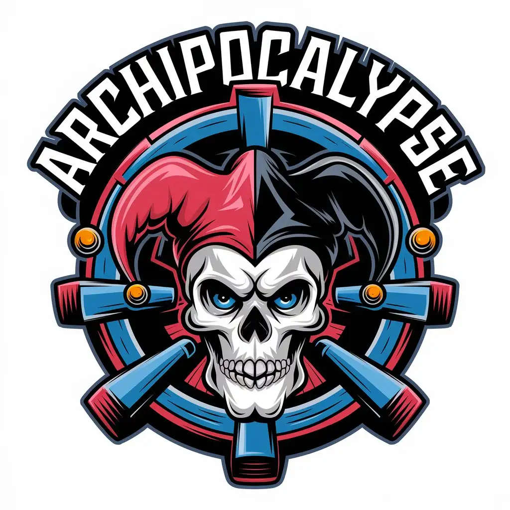 LOGO Design for Archipocalypse Carnival Red Black Jester Hat on Human Skull for Technology Industry