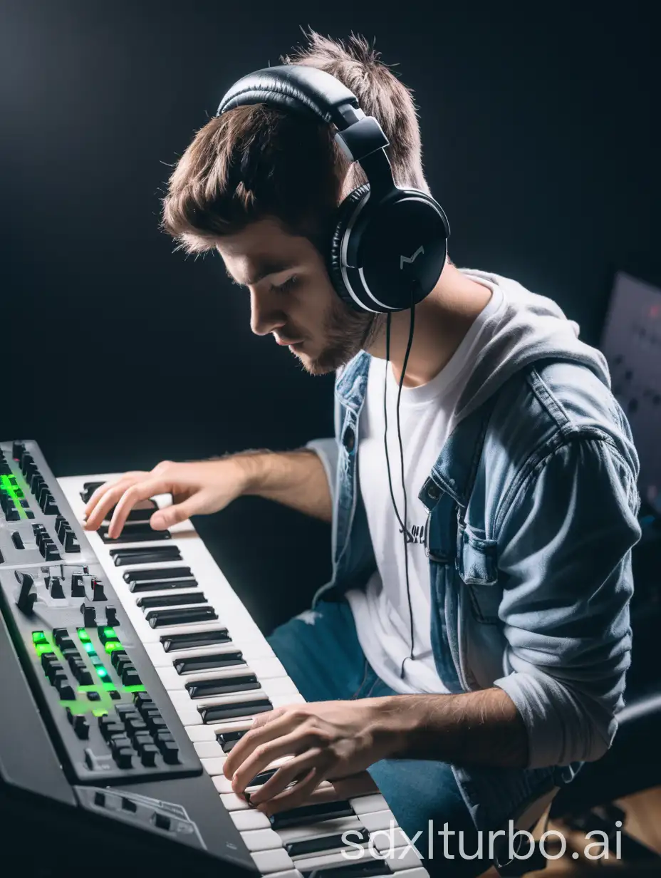 A 28 year old boy producing music, with midi keyboard, wearing headphone
