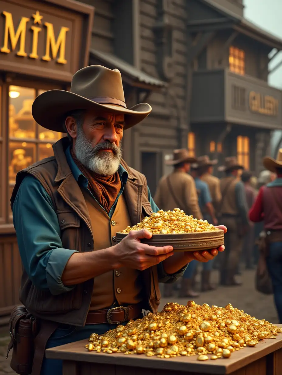 create an image showing a rich cowboy gold seller is showing his gold to the people, on the background there is a nice old style gold shop with a big sign written 'Mim gallery' on it.