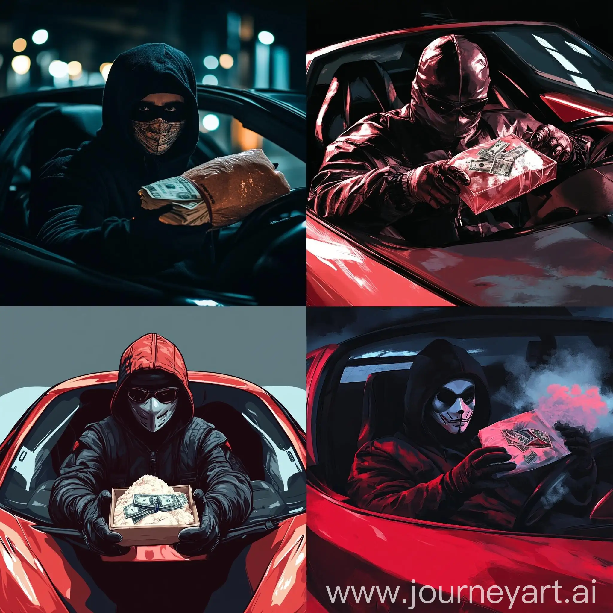 Criminal-in-Mask-with-Powder-and-Money-in-Sports-Car