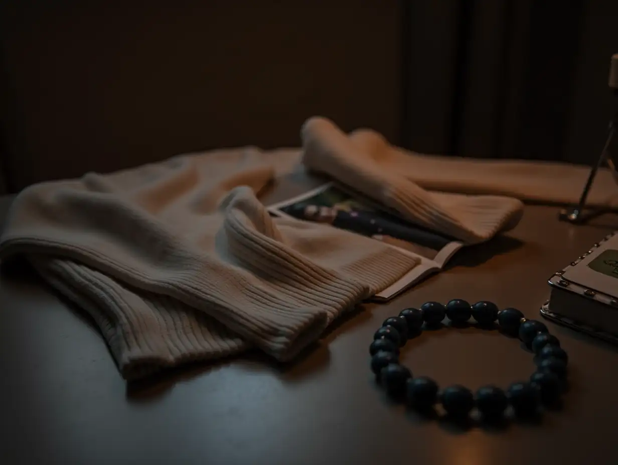 Close-up of a woman’s sweater, a photograph, and a bracelet scattered on a table in a dimly lit room, illuminated by soft, warm light.