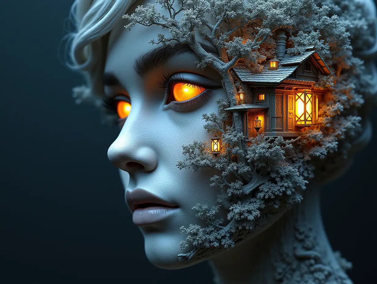 Face with hair transformed into a building with silver stone and illuminated trees and lantern