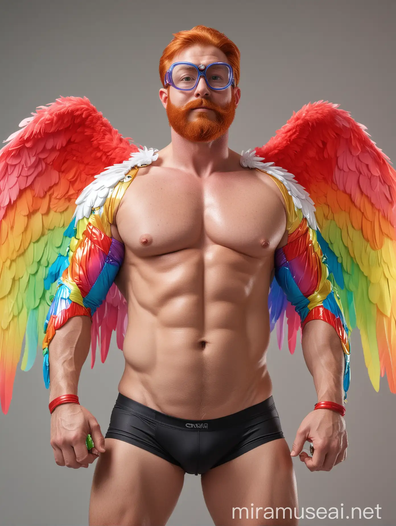 Colorful Bodybuilder Flexing with Rainbow Wings and Doraemon Goggles