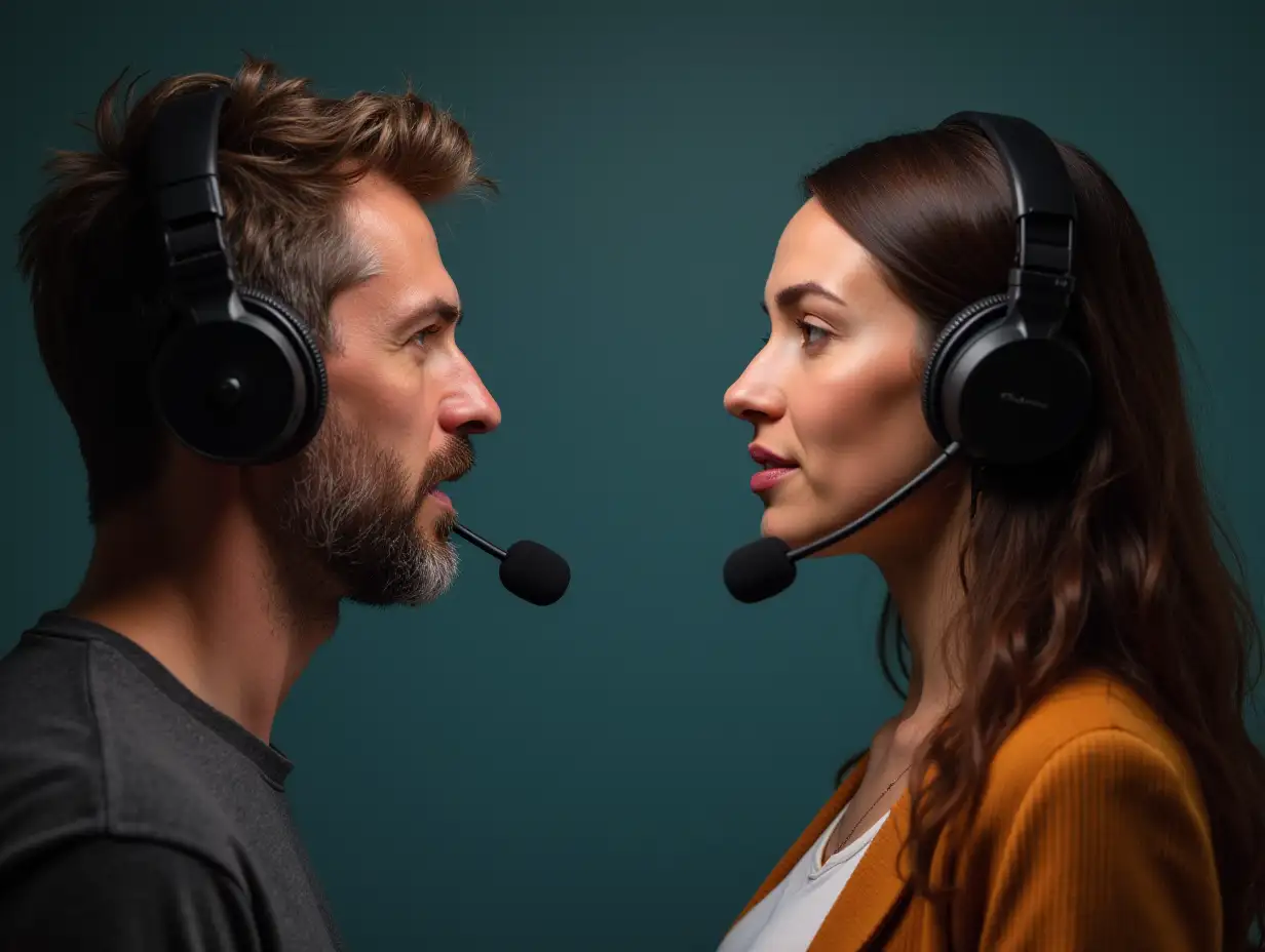 A photorealistic composition of a man and a woman positioned on opposite sides of the image. The man is about 40 years old, the woman is about 30 years old, both of European descent. They are both wearing headphones and speaking into microphones in a studio setting.