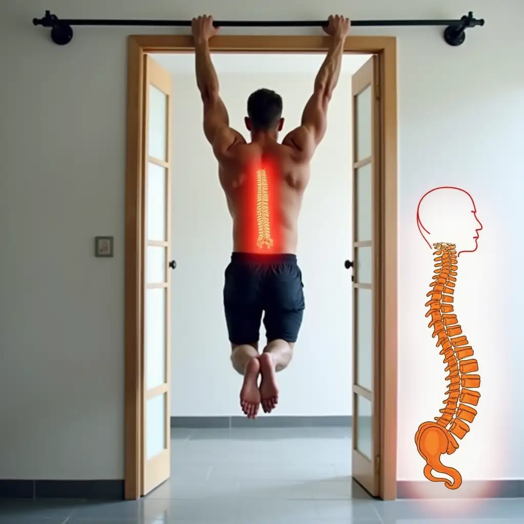 Man Hanging on Bar Stretching Spine to Relieve Back Pain