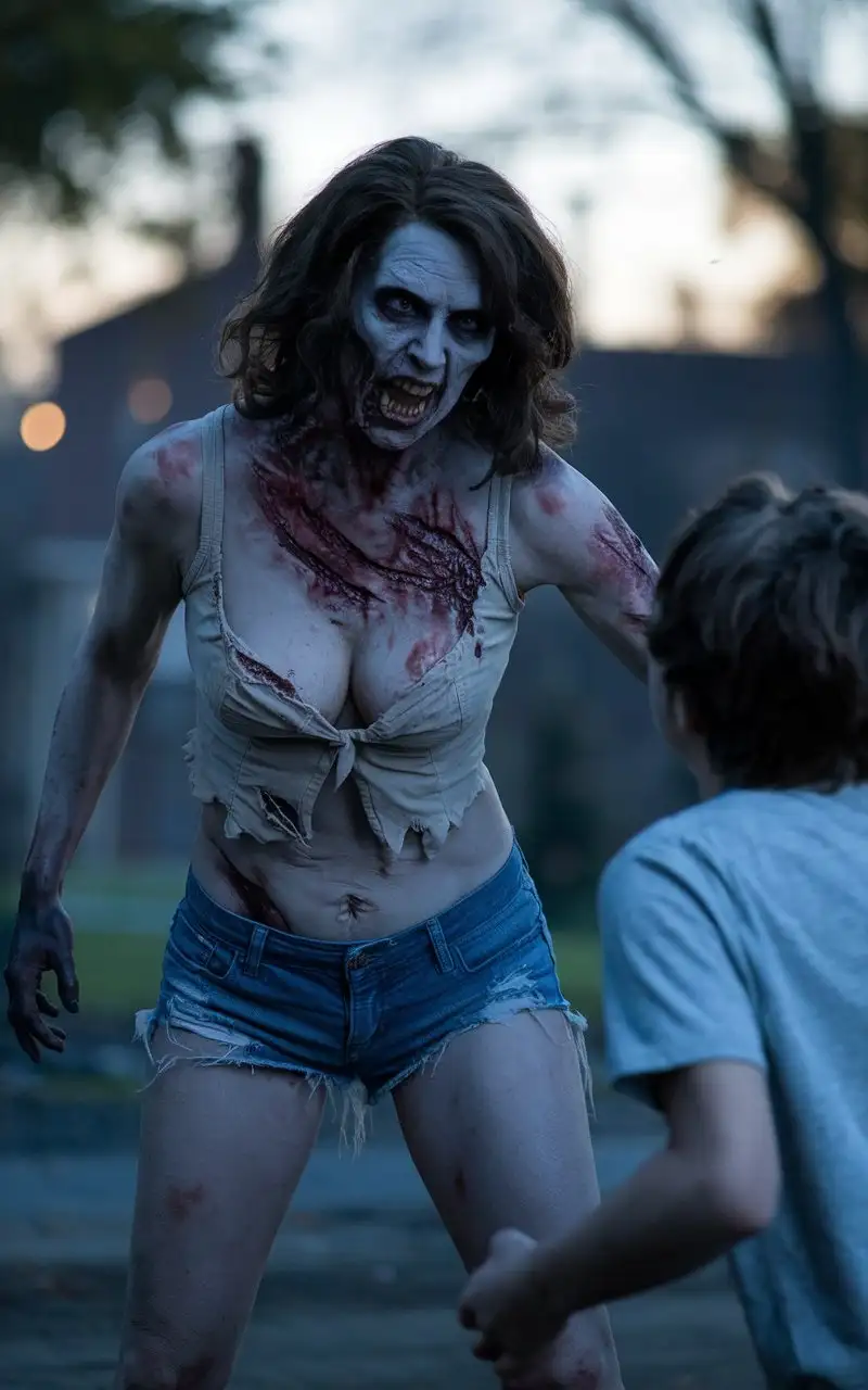 Cinematic-Zombie-Attack-Scene-Featuring-a-50YearOld-Beautiful-Brunette-in-a-Chilling-Moment