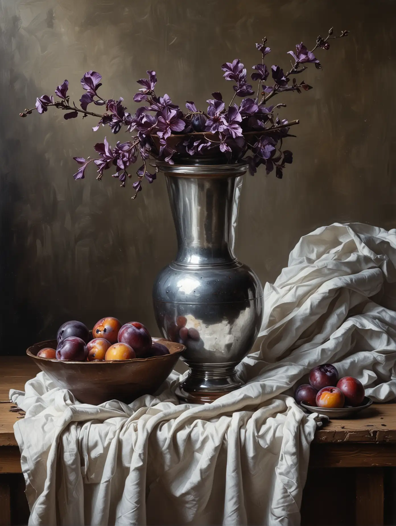 Elegant-Still-Life-Oil-Painting-with-Silver-Vase-and-Plums