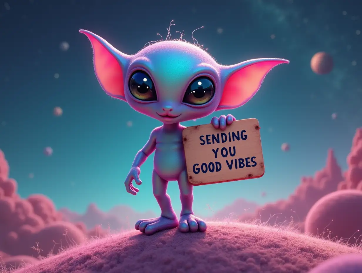 Cute-Alien-on-a-Planet-Sending-Good-Vibes-with-Iridescent-Sign