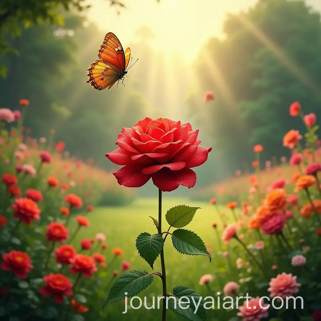 Vibrant-Garden-with-Colorful-Flowers-and-Butterfly-in-Soft-Sunlight