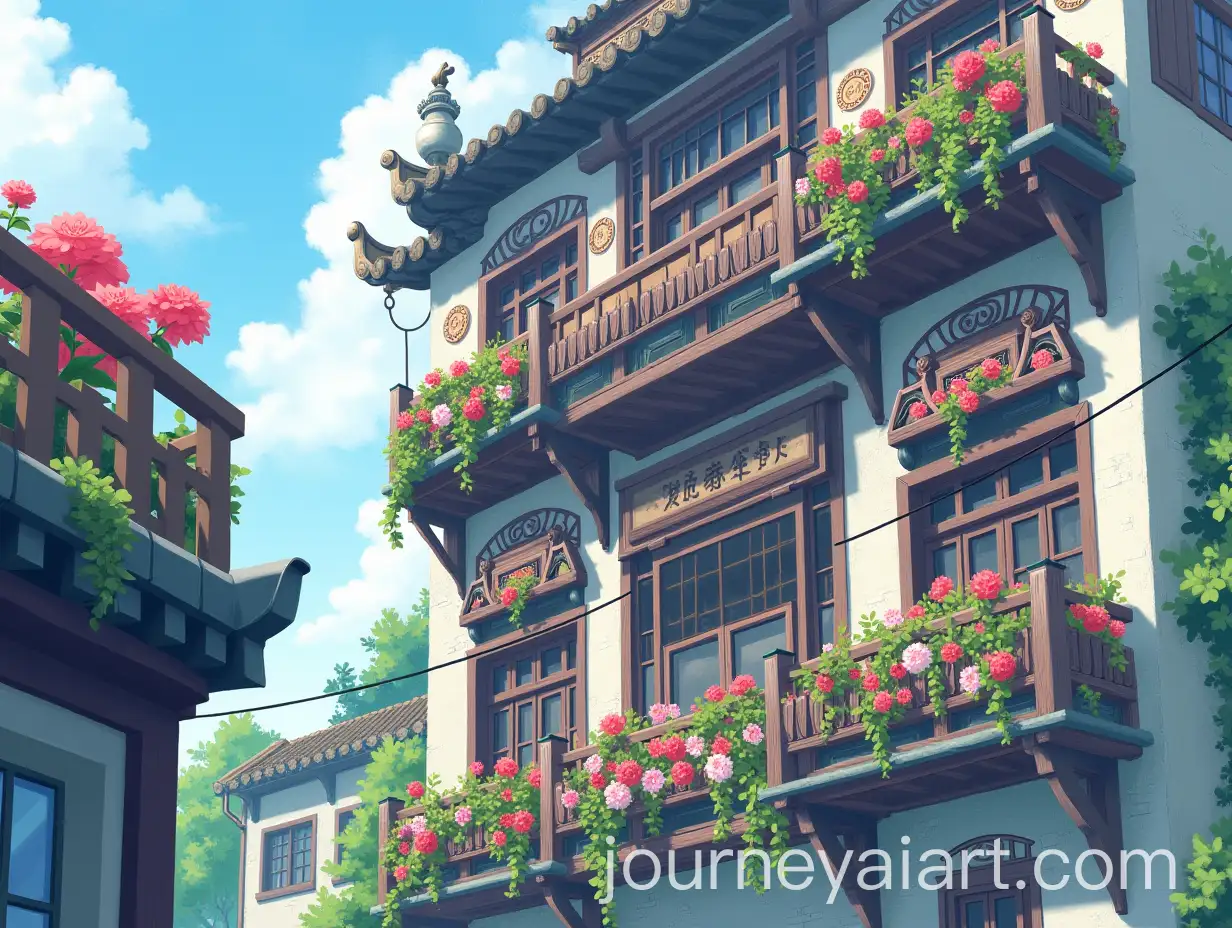 Dreamy-Anime-Scene-with-Tang-Dynasty-Building-Balconies-and-FlowerFilled-Windows
