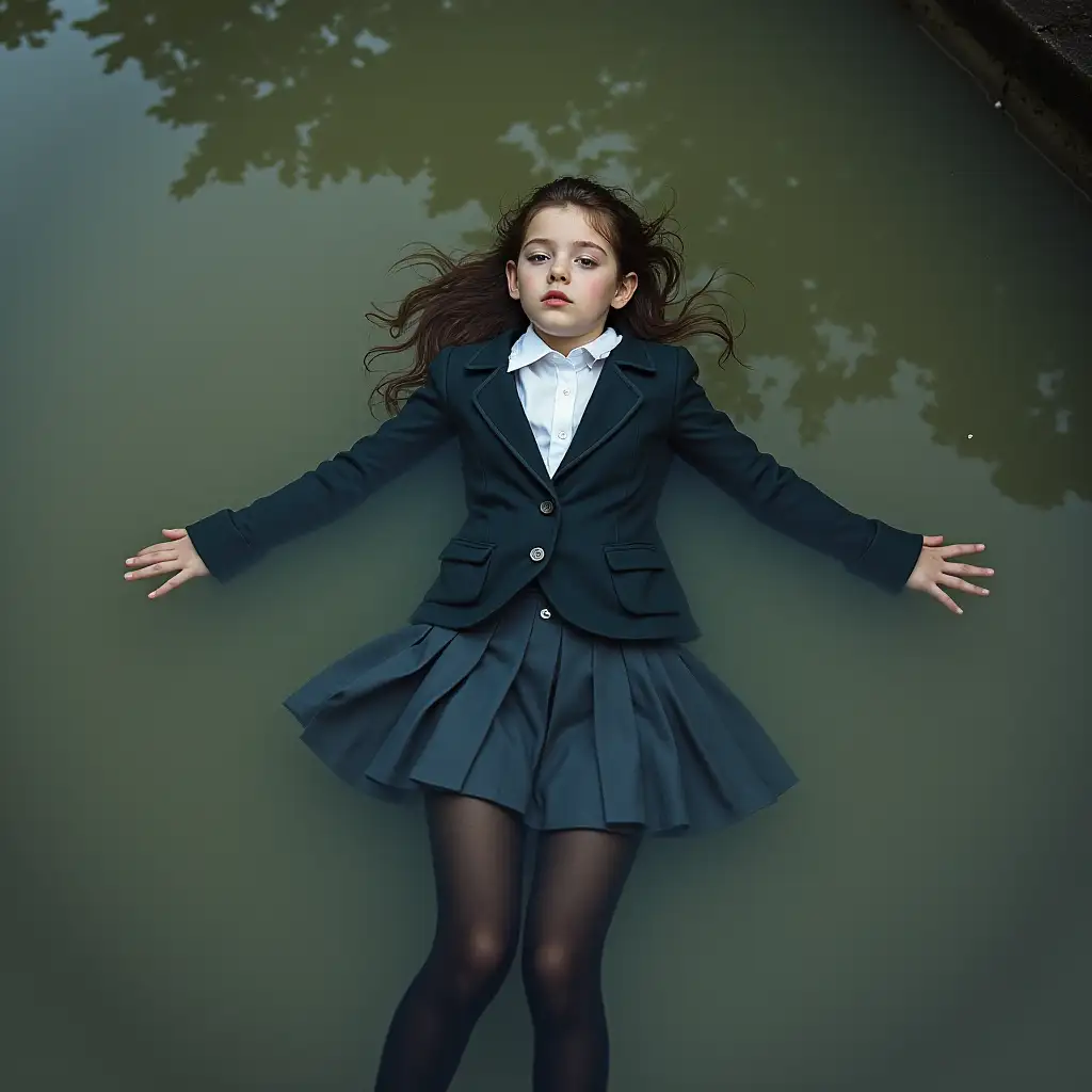 A young schoolgirl in a school uniform, in a skirt, jacket, blouse, dark tights, high-heeled shoes. She is swimming in a dirty pond, lying underwater, all her clothes are completely wet, wet clothes stick to her body, the whole body is underwater, submerged in water, under the surface of the water, below the water's edge.