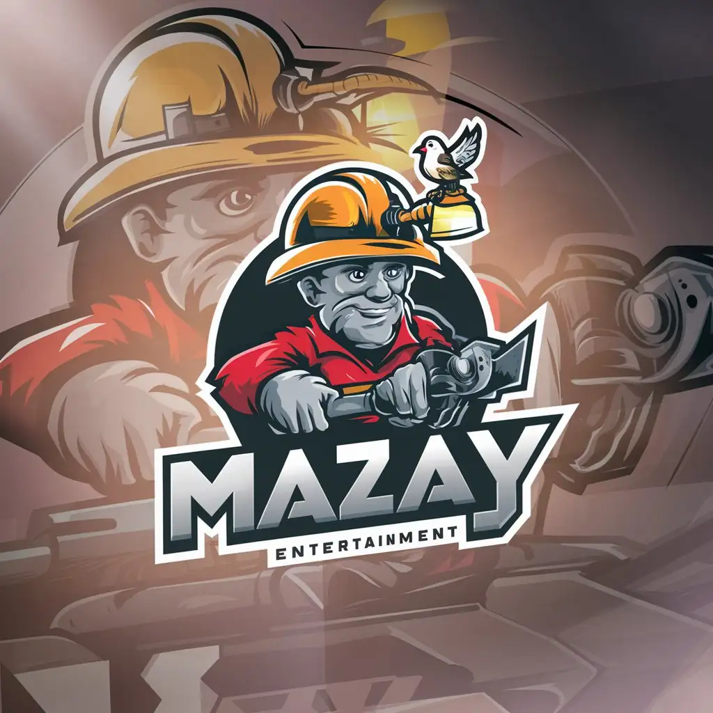 LOGO-Design-For-Mazay-Gray-Miner-with-Yellow-Helmet-and-Bird-Symbol