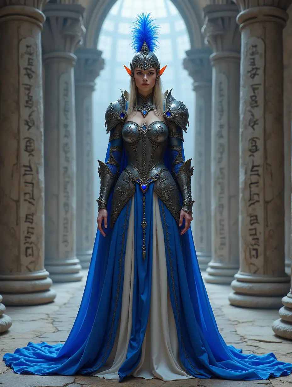 An elven queen stands in a grand hall, her armor adorned with intricate metalwork and lapis lazuli gemstones, a feathered helmet crowning her attire. A gown of pale sapphire silk flows around her, suggesting strength and grace. She is surrounded by stone columns with ancient runes, the vaulted ceilings high above.