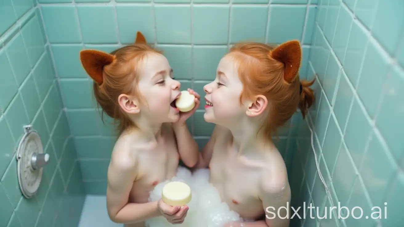 Pregnant-Redhead-Couples-and-Little-Girls-Playing-in-Preschool-Shower-Room-with-Ivory-Soap