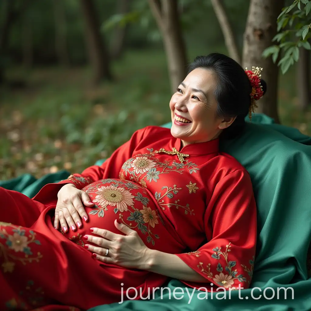 50YearOld-Chinese-Woman-in-Red-Embroidered-Silk-Belly-Costume-Winking-on-Green-Satin-Quilt