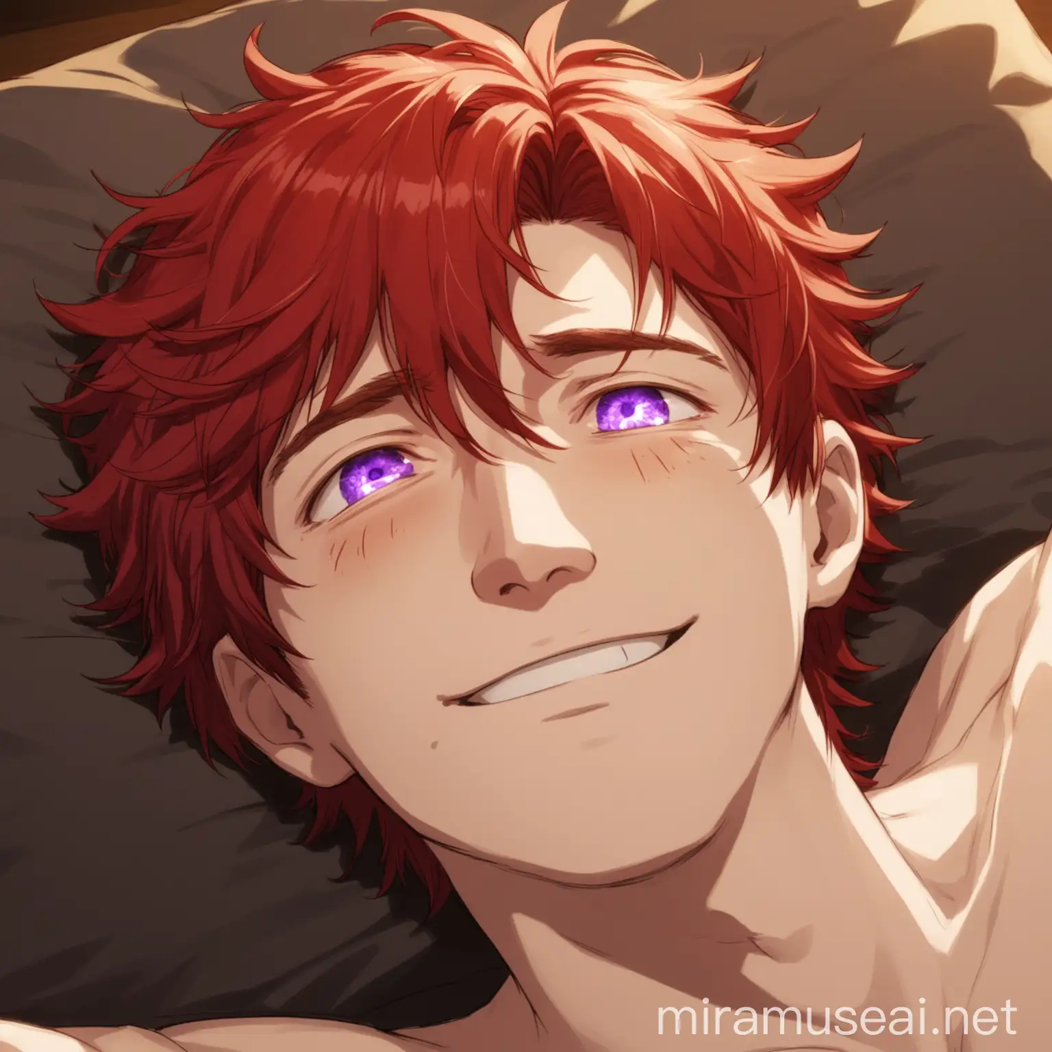 Drunk RedHaired Man with Purple Eyes Smiling and Lying Down
