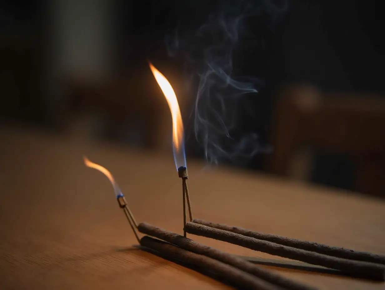 Aromatic-Incense-Sticks-Smoldering-on-Wooden-Table