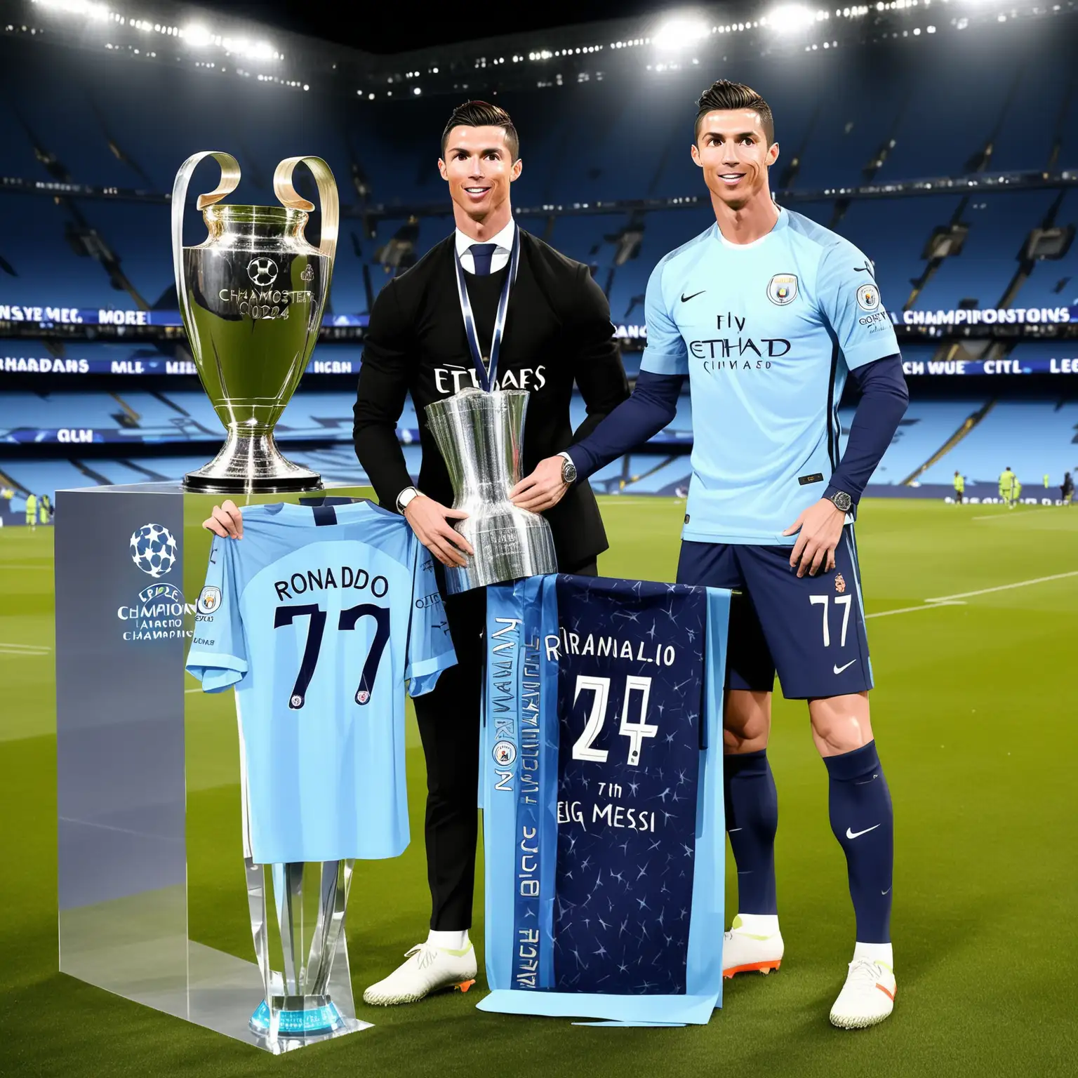 Cristiano-Ronaldo-and-Lionel-Messi-with-Champions-League-Trophy-in-2024-Manchester-City-Shirt