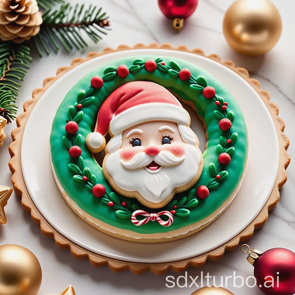 A delightful and festive cookie designed to celebrate the Christmas spirit, featuring a playful cartoon-like depiction of Santa Claus’s cheerful face. The cookie’s surface is expertly decorated with colorful icing: Santa's bright red hat, fluffy white beard, and rosy cheeks bring him to life in charming detail. Surrounding his face is a meticulously crafted icing wreath, complete with green leaves, tiny red holly berries, and delicate golden accents. Above the wreath, a miniature Christmas tree made of piped icing adds an extra touch of holiday cheer, adorned with tiny edible ornaments. Across the cookie, the words 'Merry Christmas!' are written in elegant red and green icing, completing the design. The cookie radiates warmth, joy, and holiday magic, making it both a visual and culinary treat.