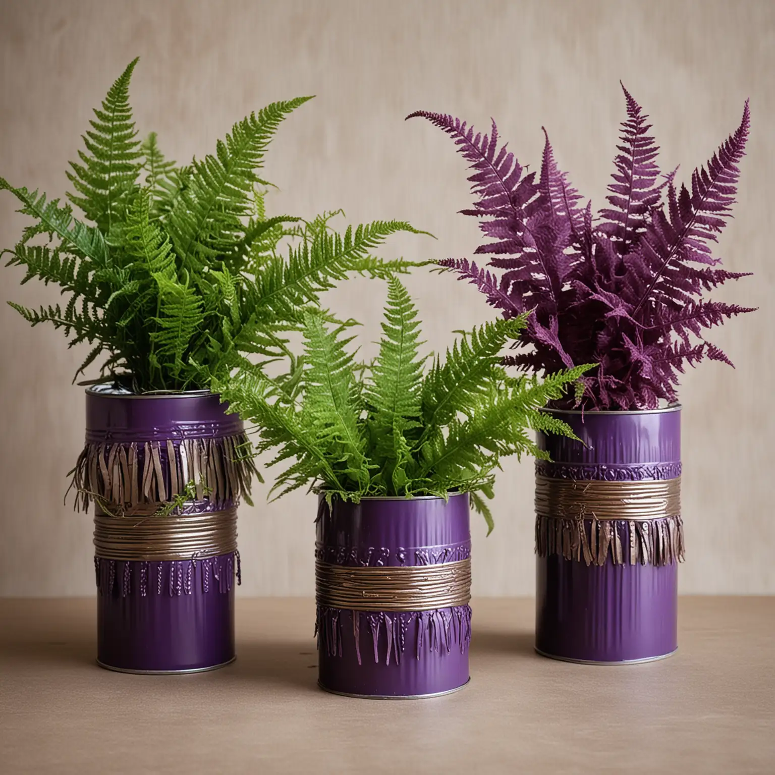 boho bold purple tin can vases decorated with boho fringe holding green ferns; keep background neutral