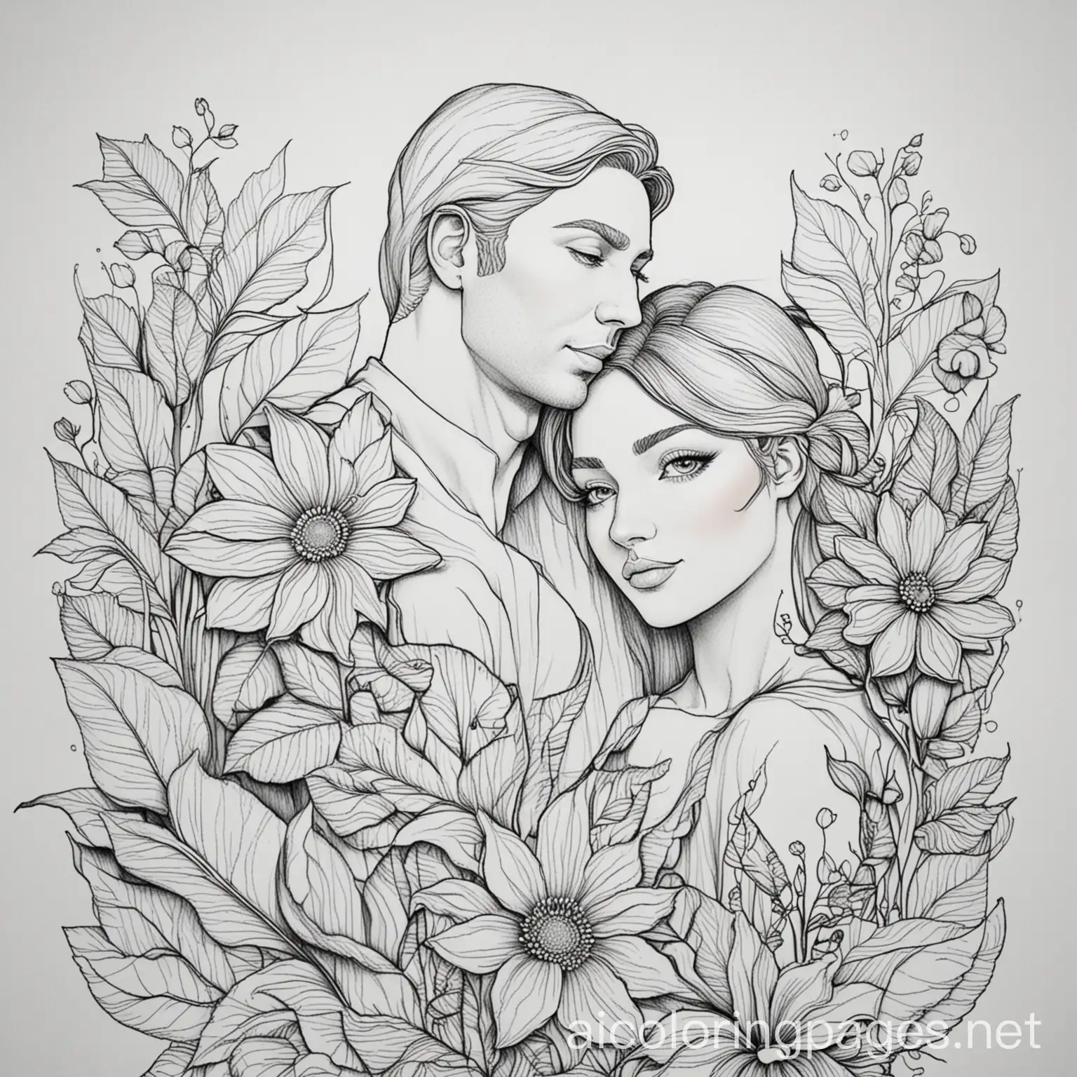 Line-Art-Lady-with-Power-Flowers-and-Husband-Coloring-Page