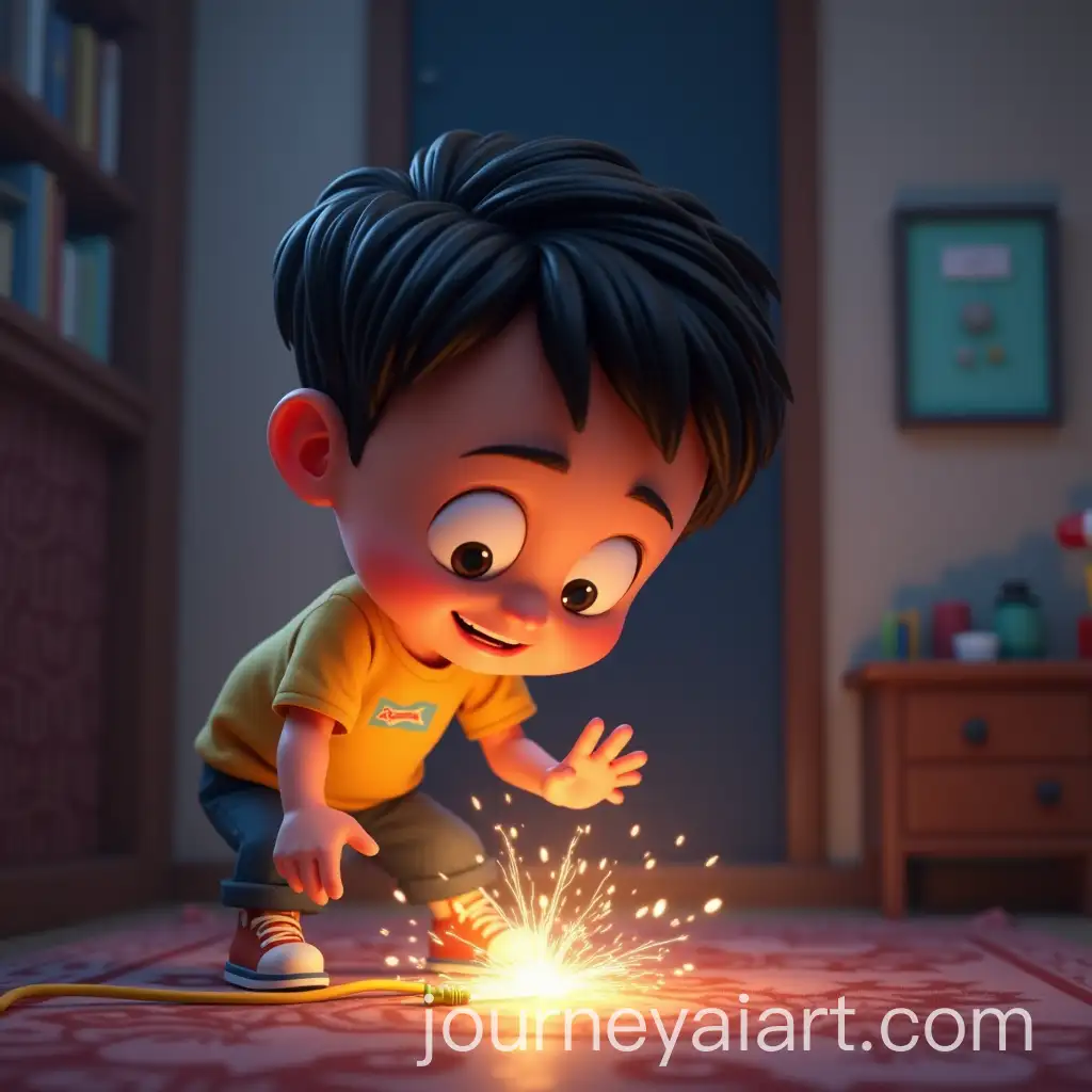 Curious-Cartoon-Boy-Reaching-TowardAI-Image-Prompt-Expansion-Sparkling-Wire-in-Animated-Room