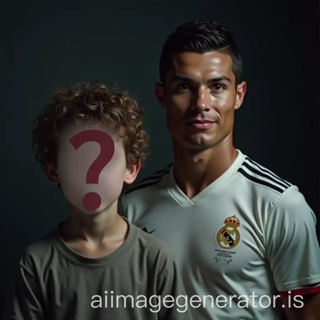 A young boy with short curly hair in the 90s style, wearing a simple shirt, blurred face with a big question mark over it, next to an adult famous football player Cristiano Ronaldo in a modern football kit, dramatic lighting, mystery theme, YouTube thumbnail style.