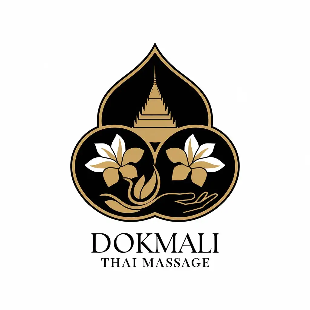 LOGO Design for Dokmali Thai Massage Golden and Black with Three Jasmines Thai Temple and Hand Theme