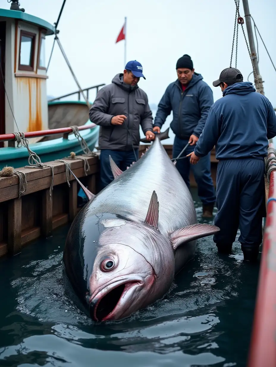 Japanese-Fishermen-Unloading-Giant-Tuna-from-Boats-at-Harbor