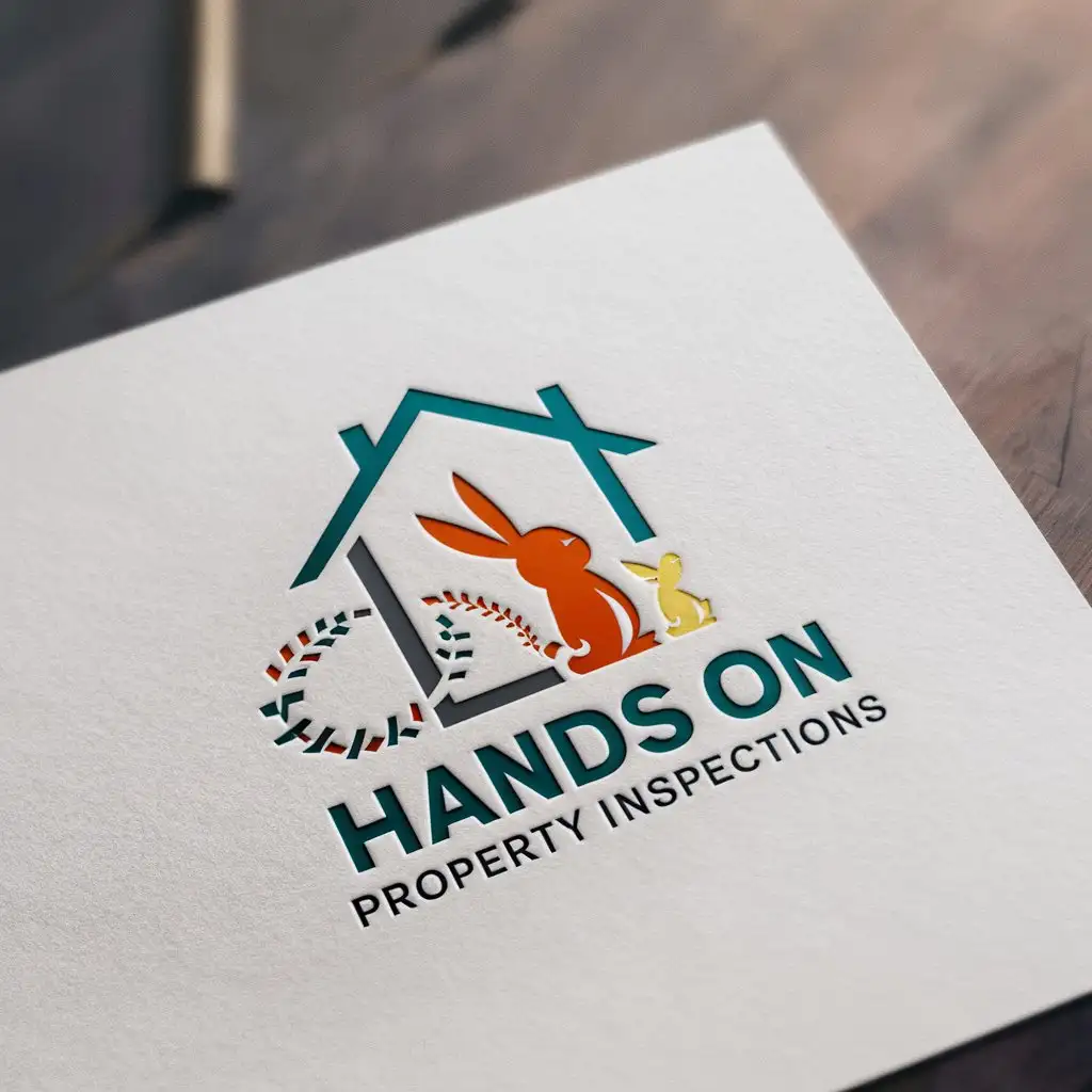 LOGO Design For Hands On Property Inspections HOPI Minimalistic and Vibrant Logo Featuring a House and Bunny with Hop Marks