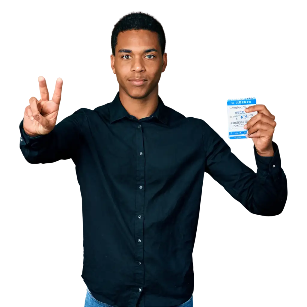 A picture of a black guy that is not smiling, talking a selfie showing his national ID to the camera