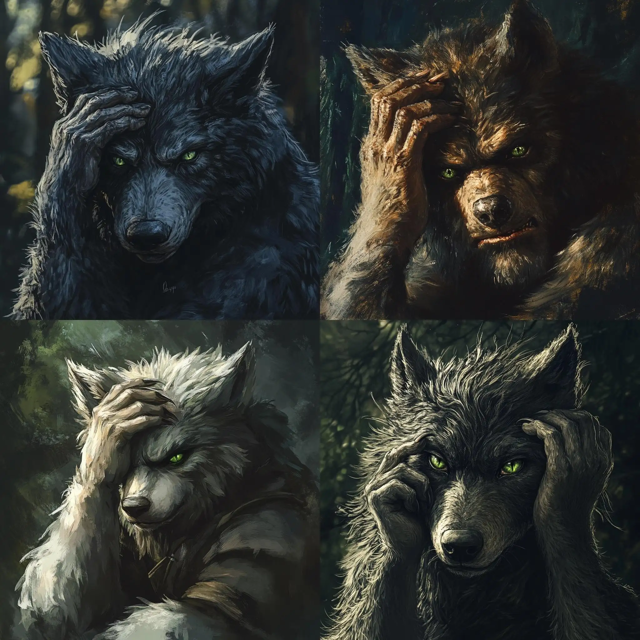 Shy-Werewolf-with-Green-Eyes-in-a-Dark-Forest