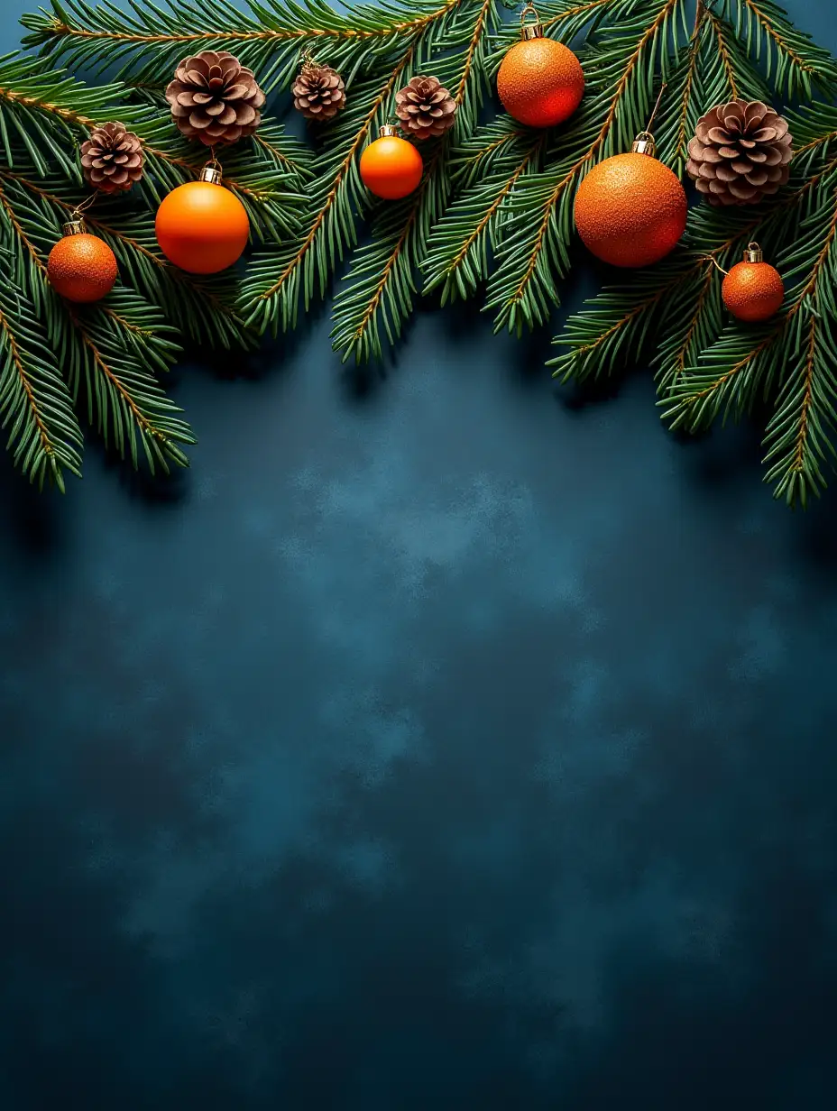 Pine branches, cones, orange toy balls - all of this on top and on a grainy dark blue background