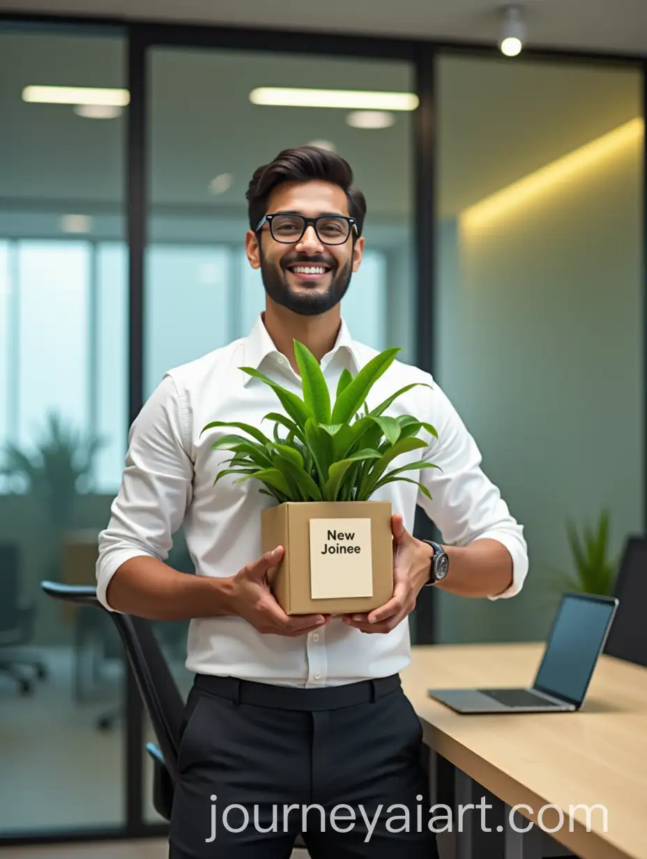 Indian-Employee-Starting-New-Job-in-Modern-Office-with-Green-Plant-Gift