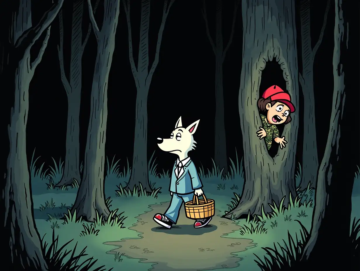 Through the dark forest walks a little wolf in a clean, tidy suit, fearfully holding onto his basket. Hiding behind a tree, there is a girl in camouflage with a bright red cap, baring her teeth at the wolf. Style: comics.