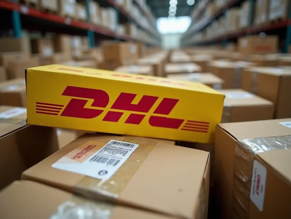 DHL and USPS Logistics: An image showing a crowded warehouse with parcels piling up, symbolizing the backlog caused by new tariffs. This could highlight the logistical challenge, with visible labels or barcodes from China or other countries on the parcels.