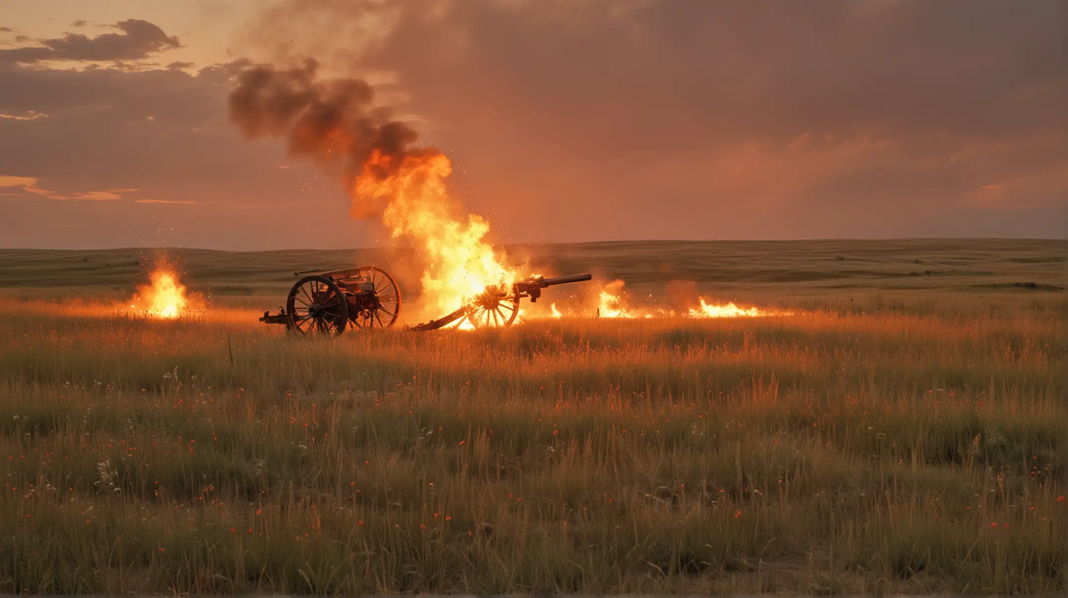 1880s Frontier Prairie Fire with Gatling Gun at Sunset